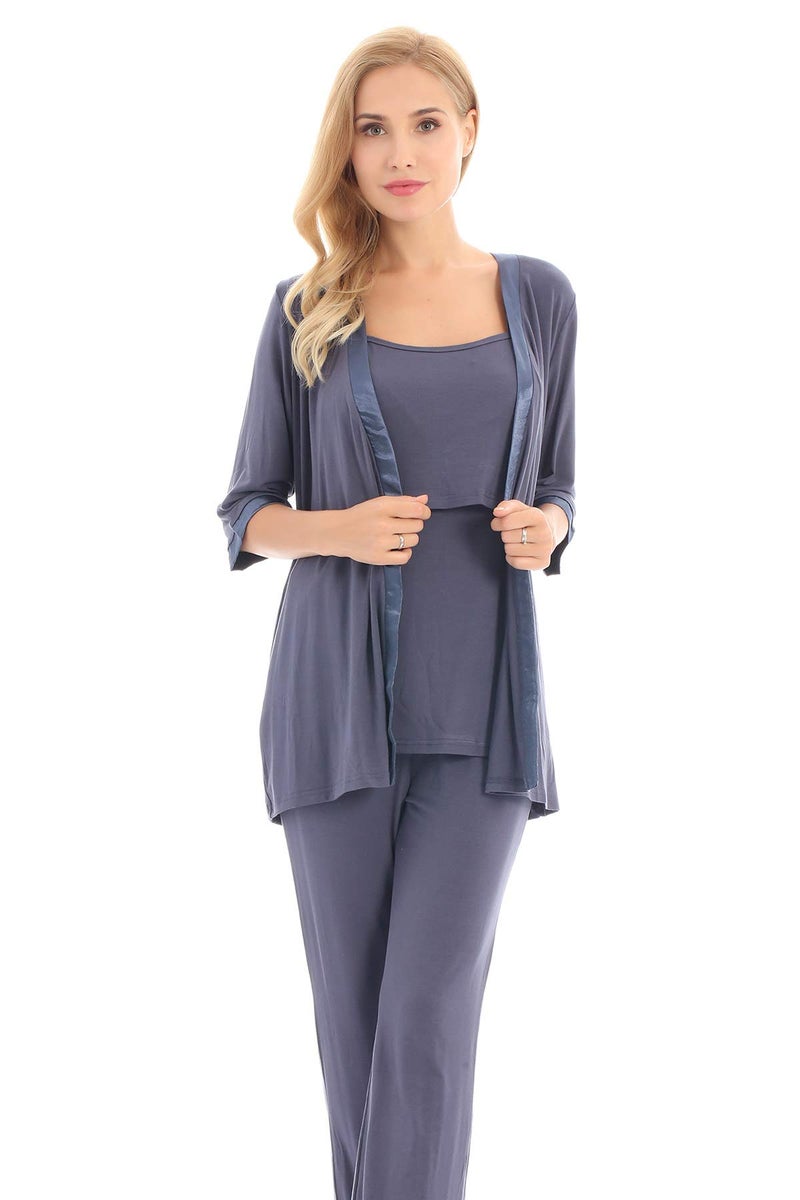 Bearsland Maternity Women's 3 Pieces Soft Nursing Pajamas Set Postpartum Sleepwear for Breastfeeding,bluegray,M - Image 2